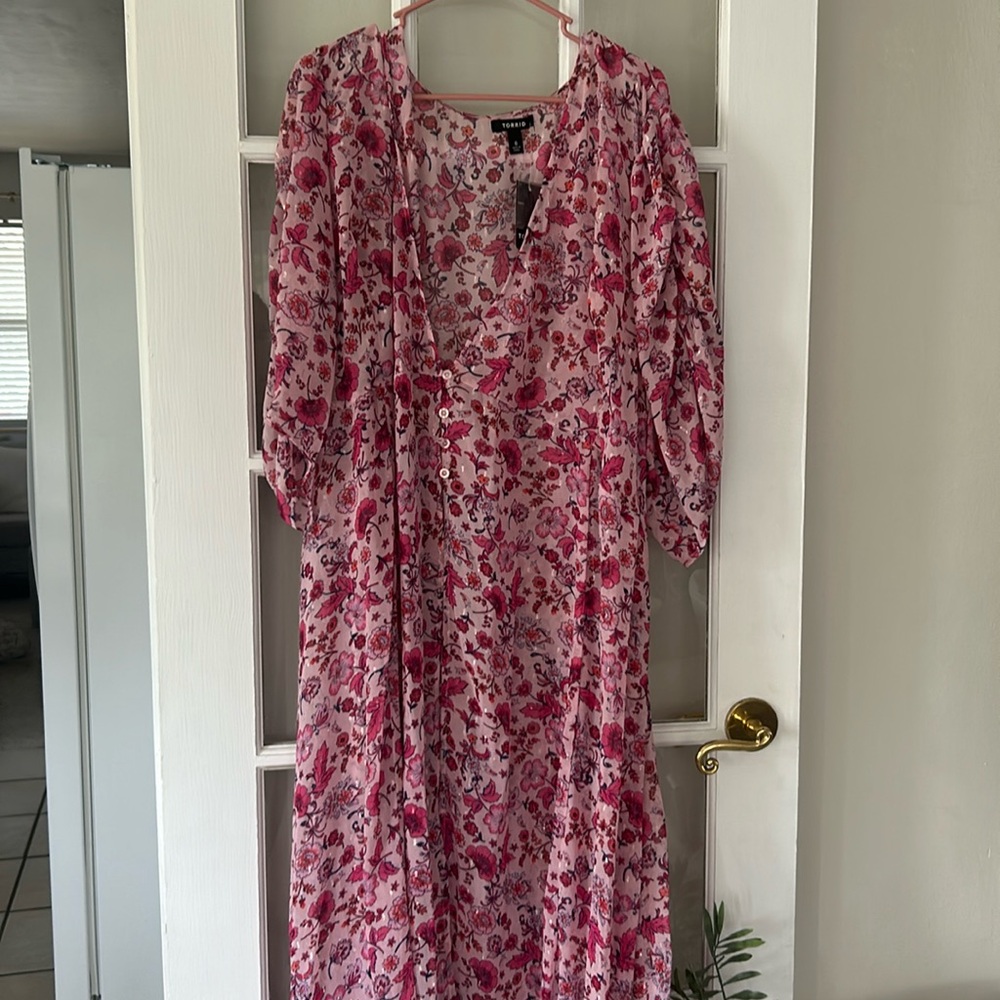 NEW TORRID Chiffon Floral Button Caftan Smock Dress Coverup, Elbow Sleeves 6X